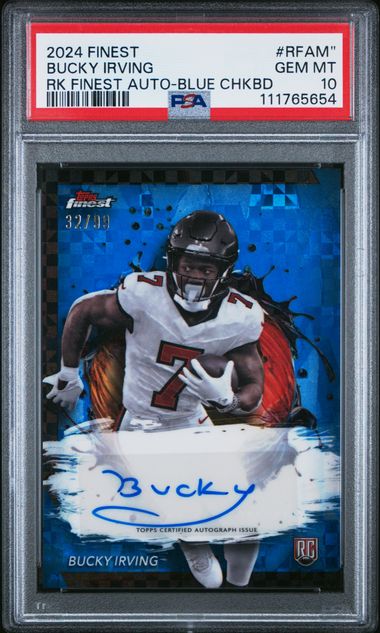 2024 Topps Finest Rookie Finest Autographs Bucky Irving #Rfam" (Rk Finest Auto-Blue Chkbd) Gem Mt 10 front