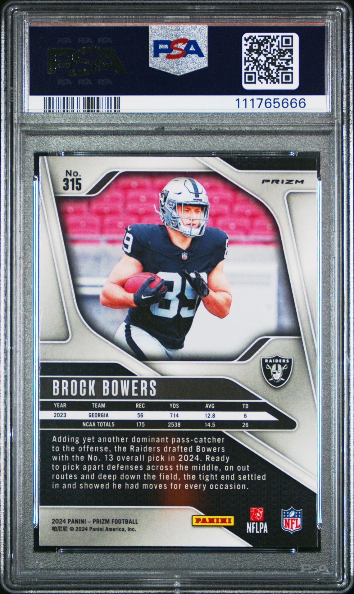 2024 Panini Prizm Brock Bowers #315 (Lazer Prizm) Gem Mt 10 back
