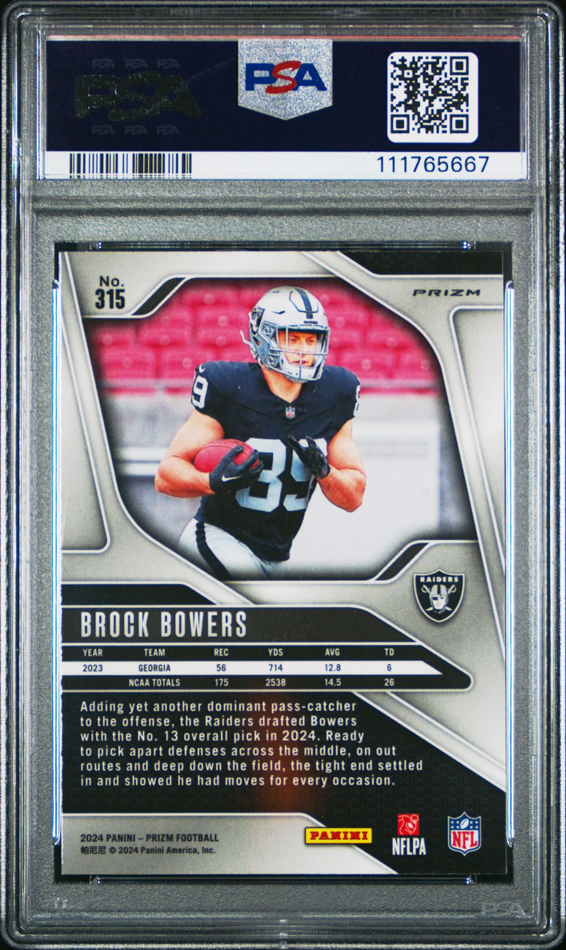 2024 Panini Prizm Brock Bowers #315 (Silver Prizm) Mint 9 back