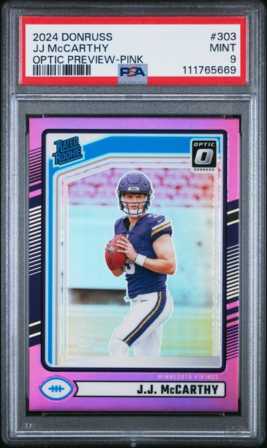 2024 Panini Donruss Jj Mccarthy #303 (Optic Preview-Pink) Mint 9 front