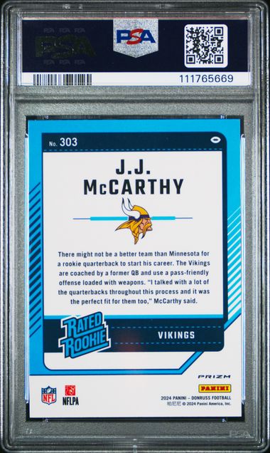 2024 Panini Donruss Jj Mccarthy #303 (Optic Preview-Pink) Mint 9 back