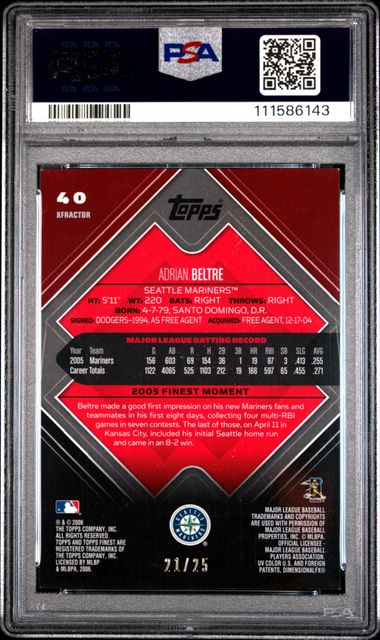 2006 Finest Adrian Beltre #40 (Black Xfractor) Nm-Mt 8 back
