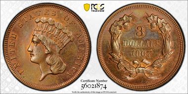1867 $3 J-596 PR64BN