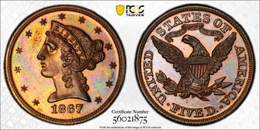 1867 $5 J-599 PR62RB