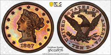 1867 $10 J-602 PR62RB