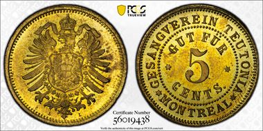 (c.1887) Tk 5C BR-589 Brass - Montreal Gesangverein Teutonia MS64