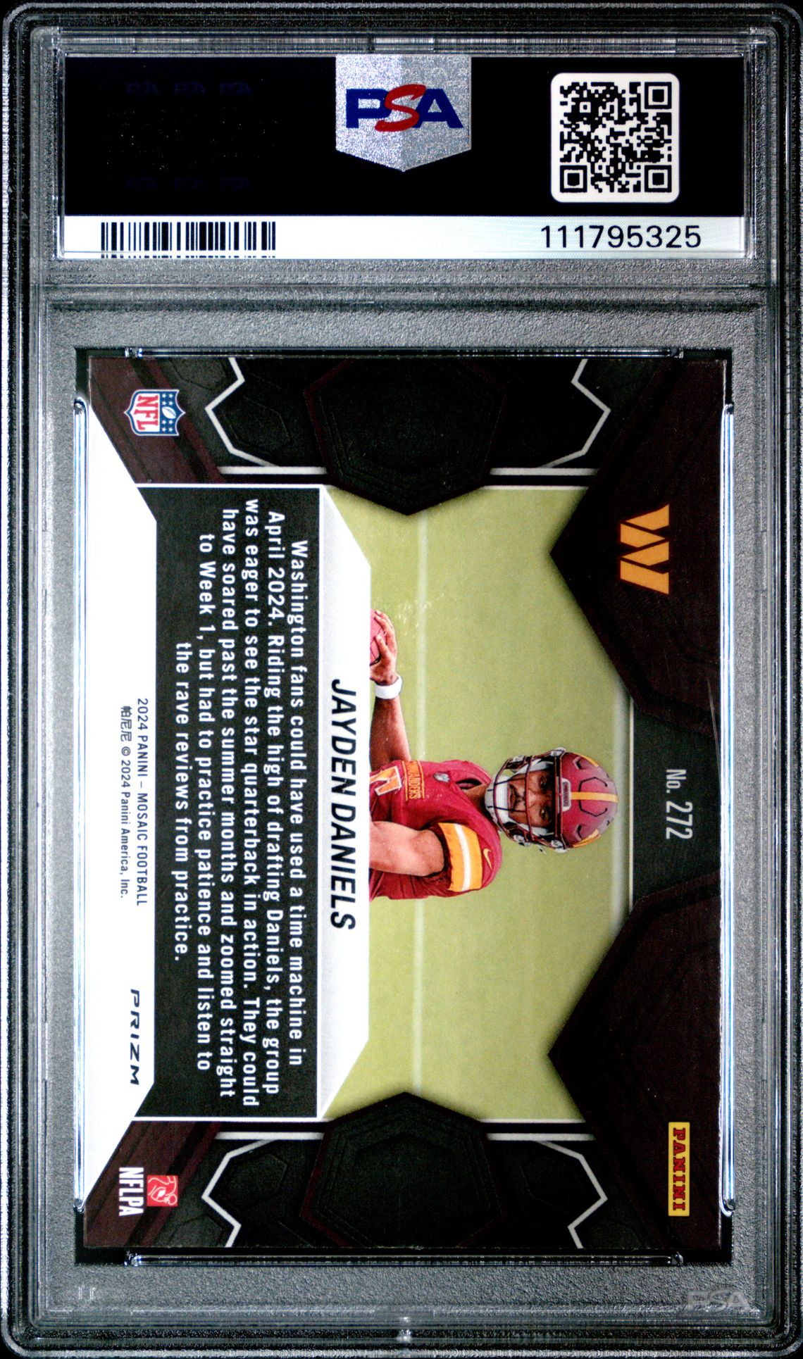 2024 Panini Mosaic Jayden Daniels #272 (Green) Gem Mt 10 back view - PSA certificate #111795325