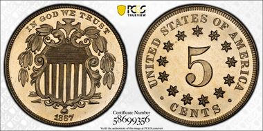 1867 5C No Rays PR66CAM