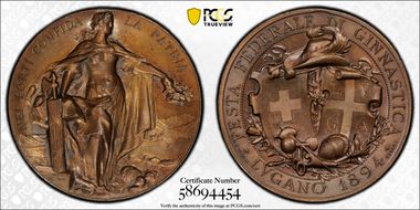 1894 Medal Federal Gymnastics Festival Lugano AE MS65