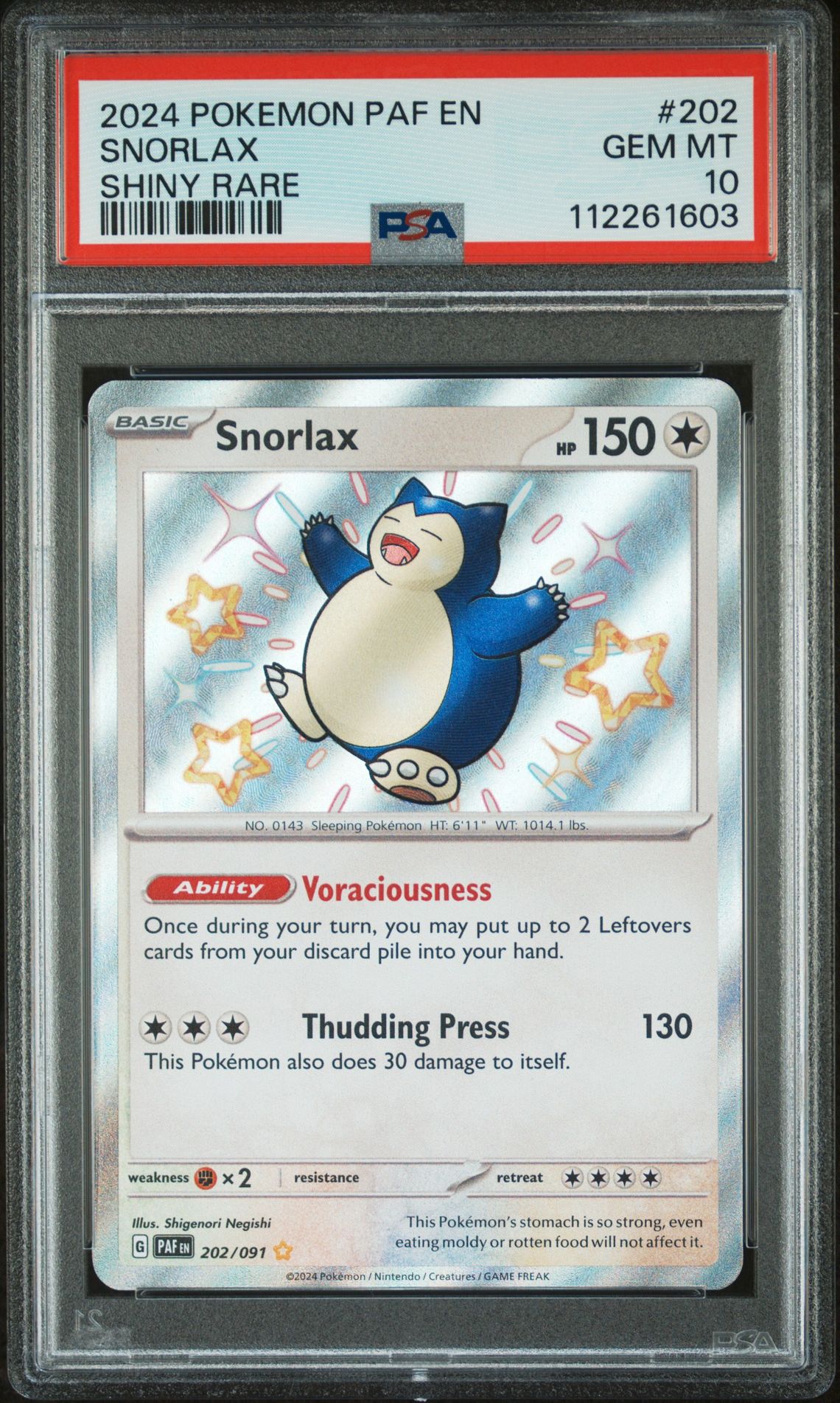 2024 Pokemon Paf En-Paldean Fates Snorlax #202 (Shiny Rare) Gem Mt 10 front