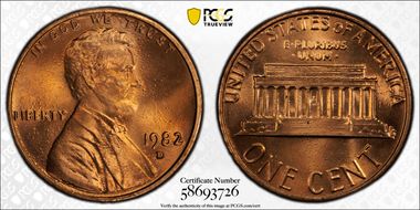 1982-D 1C Zinc, Large Date MS68RD