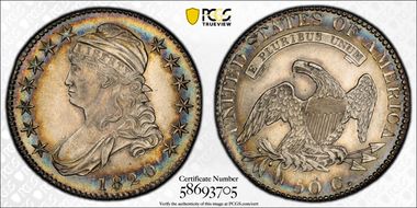 1820 50C Curl Base 2, Small Date MS62+