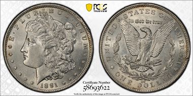 1891-CC $1 VAM 3, Spitting Eagle AU58