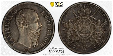1866-Mo Peso Maximilian KM-388.1  Ag AU50