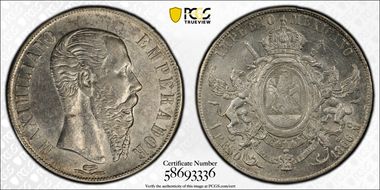 1866-Mo Peso Maximilian KM-388.1  Ag AU55
