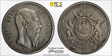 1867-Mo Peso Maximilian KM-388.1 N1