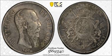 1866-Pi Peso Maximilian KM-388.2 Ag XF45