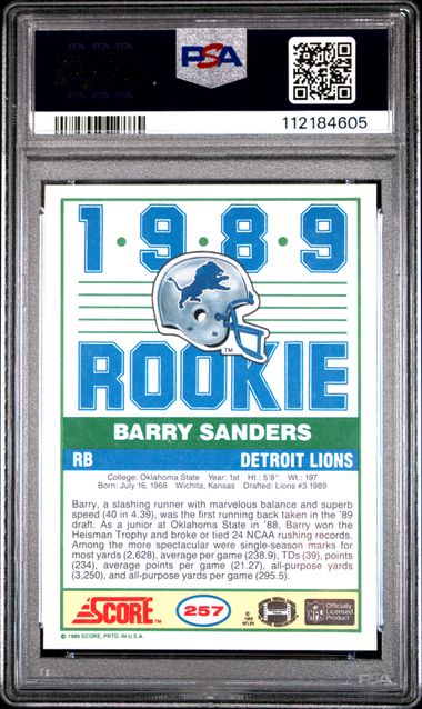 1989 Score Barry Sanders #257 Mint 9 back