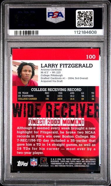 2004 Finest Larry Fitzgerald #100 Gem Mt 10 back
