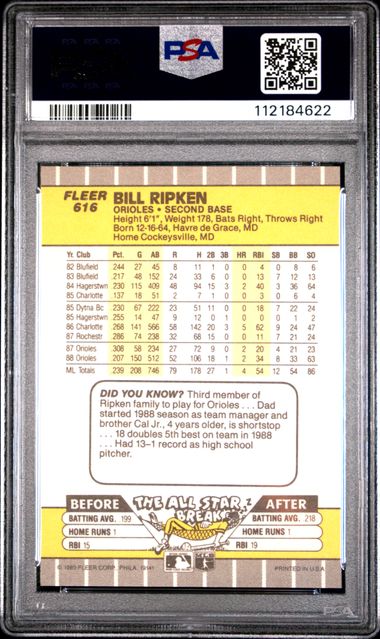 1989 Fleer Bill Ripken #616 (Ff Error) Mint 9 back