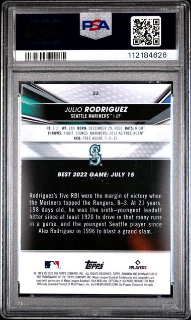 2022 Bowman's Best Julio Rodriguez #23 (Atomic Refractor) Gem Mt 10 back