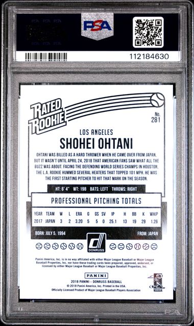 2018 Panini Donruss Shohei Ohtani #281 (Wrapper Redemption) Gem Mt 10 back