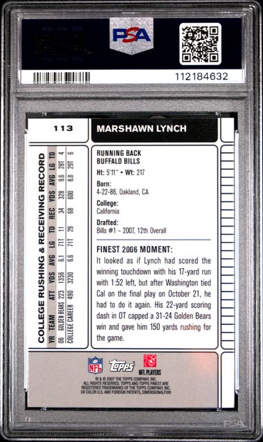 2007 Finest Marshawn Lynch #113 Gem Mt 10 back