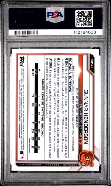 2021 Bowman Sapphire Edition Chrome Prospects Gunnar Henderson #Bcp49 (Chrome Prospects) Gem Mt 10 back