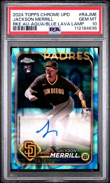 2024 Topps Chrome Update Chrome Rookie Autographs Jackson Merrill #Rajme (Rke Au-Aqua/Blue Lava Lamp) Gem Mt 10 front