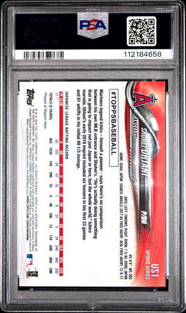 2018 Topps Update Shohei Ohtani #Us1 Gem Mt 10 back