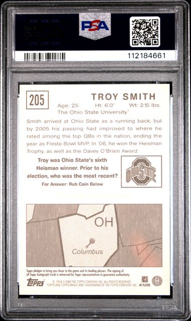 2009 Topps Magic Troy Smith #205 (Autograph) Gem Mt 10 back
