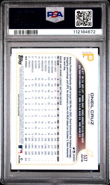 2022 Topps Oneil Cruz #537 (Ssp) Gem Mt 10 back