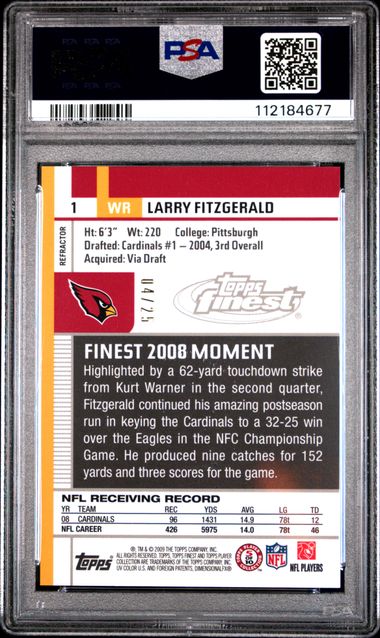 2009 Finest Larry Fitzgerald #1 (Pigskin Gold Refractor) Mint 9 back