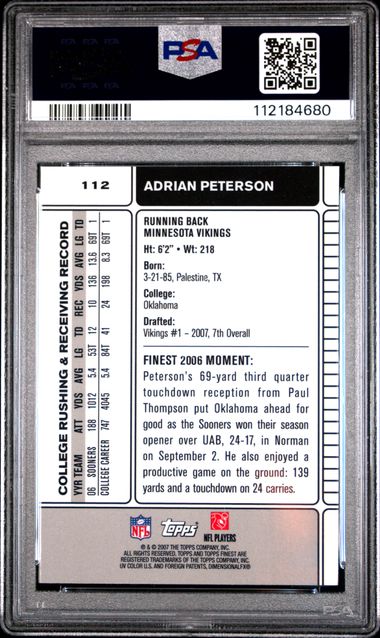 2007 Finest Adrian Peterson #112 Gem Mt 10 back