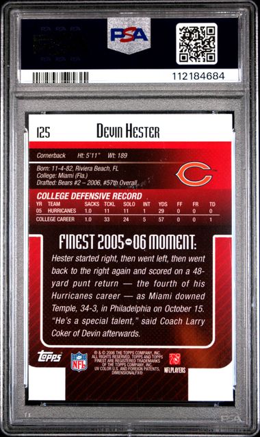 2006 Finest Devin Hester #125 Mint 9 back