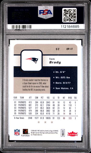 2006 Fleer Tom Brady #57 Gem Mt 10 back