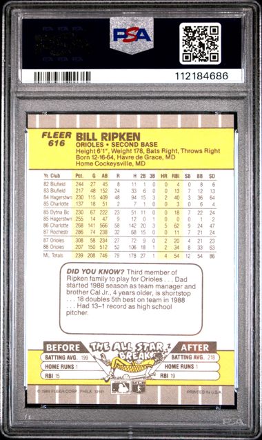 1989 Fleer Bill Ripken #616 (Ff Error) Nm-Mt 8 back