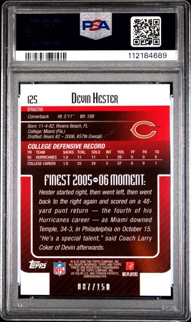 2006 Finest Devin Hester #125 (Blue Xfractor) Mint 9 back