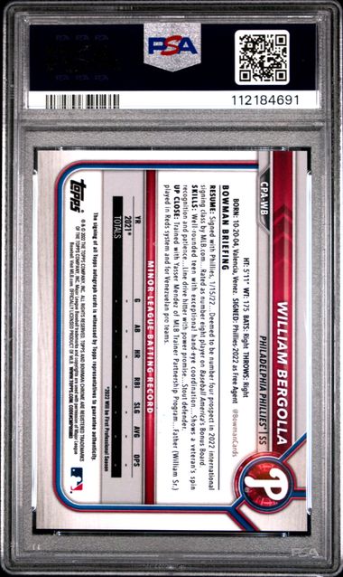 2022 Bowman Chrome Prospect Autographs William Bergolla #Cpawb (Prospect Autograph) Gem Mt 10 back
