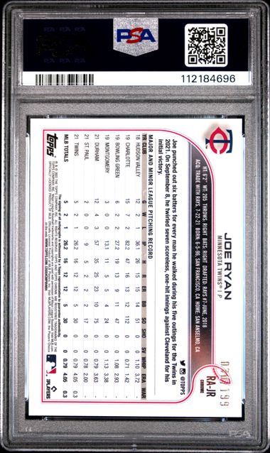 2022 Topps Chrome Rookie Autographs Joe Ryan #Rajr (Rke.auto-Aqua Wave Ref.) Gem Mt 10 back