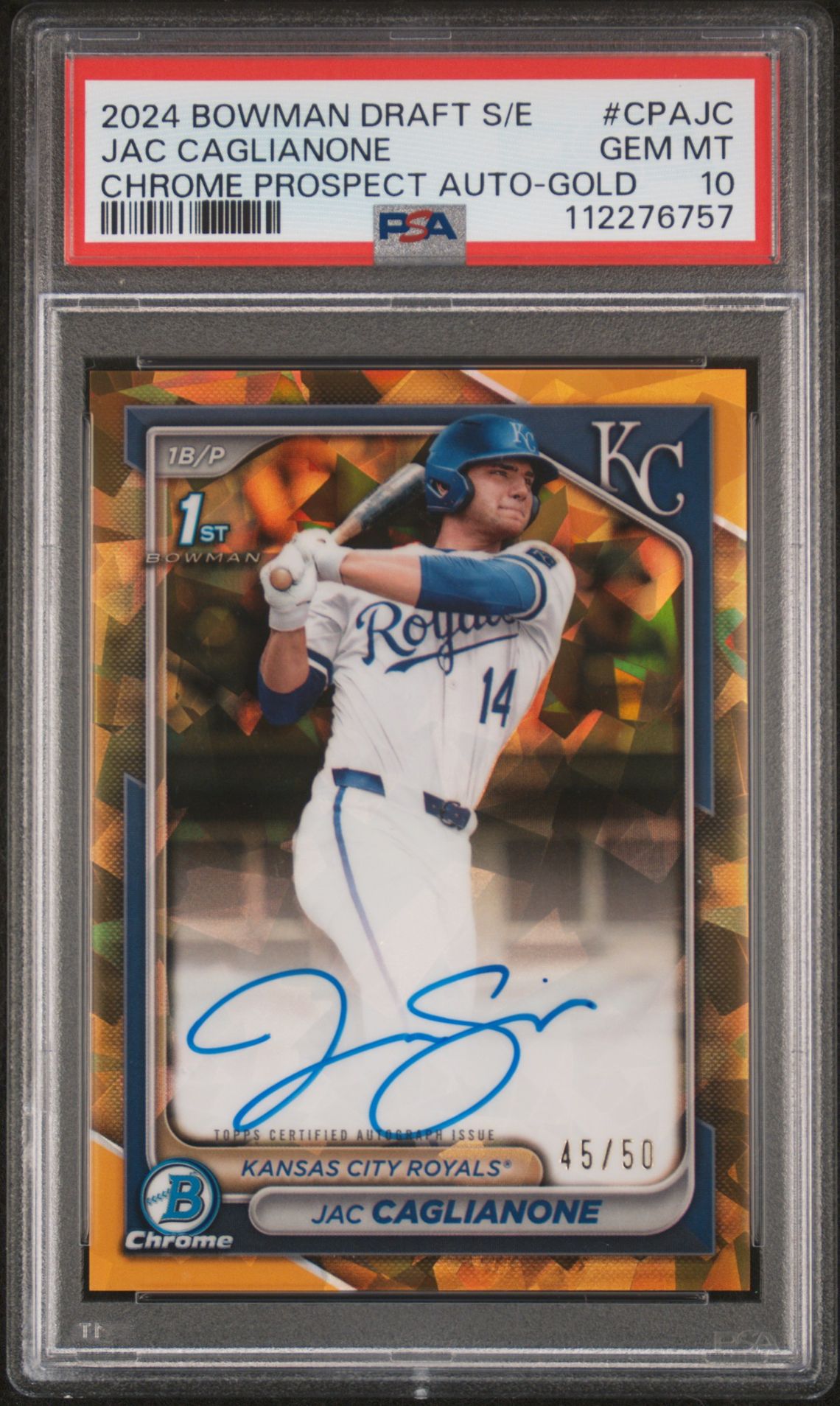 2024 Bowman BOWMAN DRAFT SAPPHIRE EDITION CHROME SAPPHIRE PROSPECT AUTOGRAPHS Gold #CPAJC Jac Caglianone front
