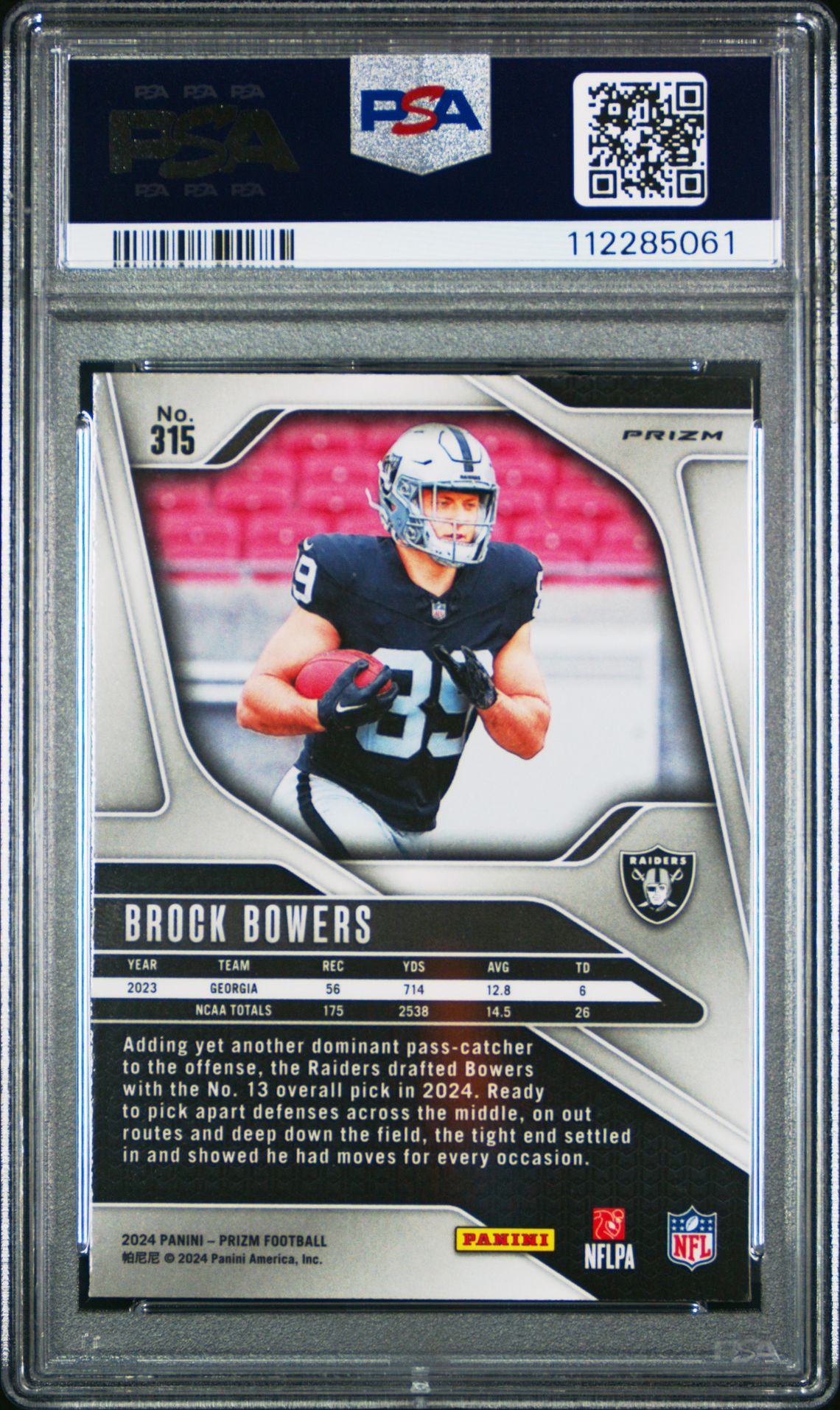 2024 Panini Prizm Brock Bowers #315 (Pink Prizm) Gem Mt 10 back