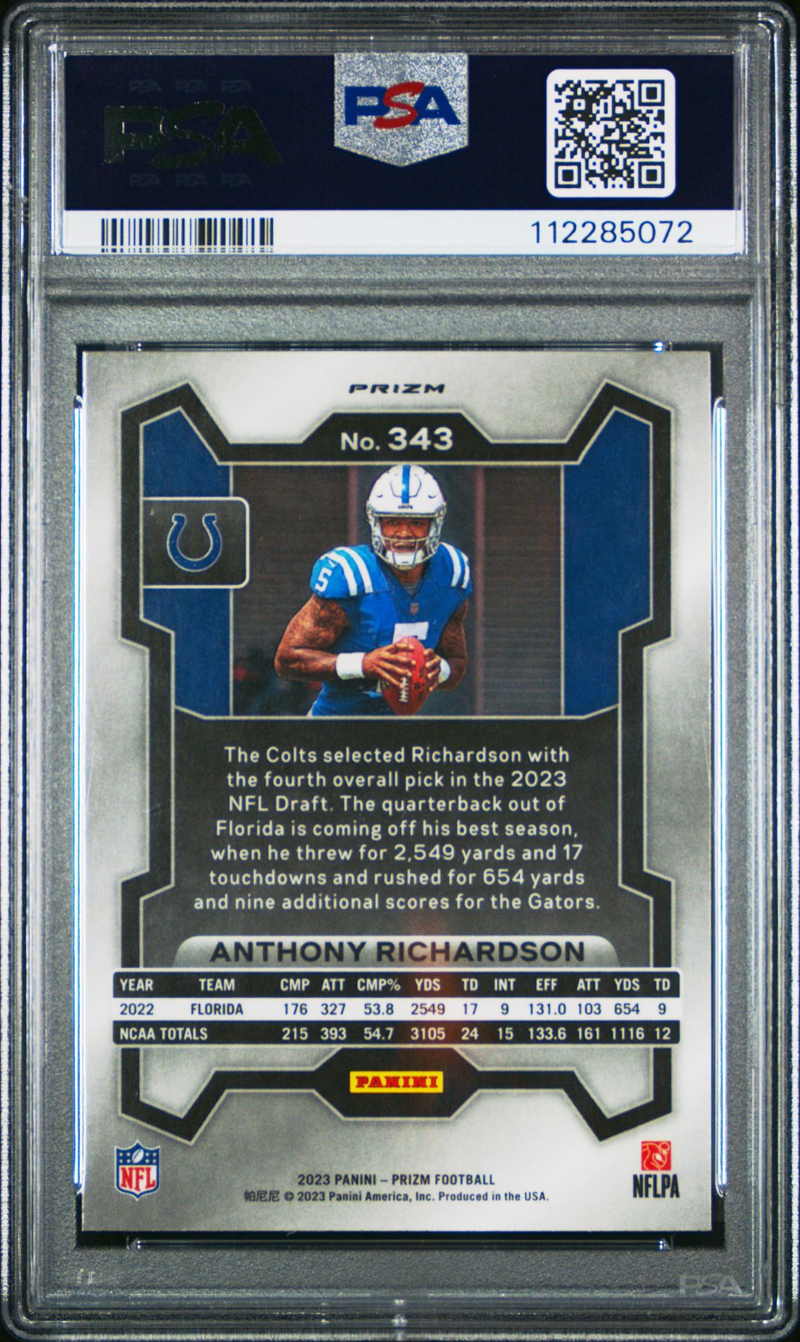 2023 Panini Prizm Anthony Richardson #343 (Silver Prizm) Mint 9 back