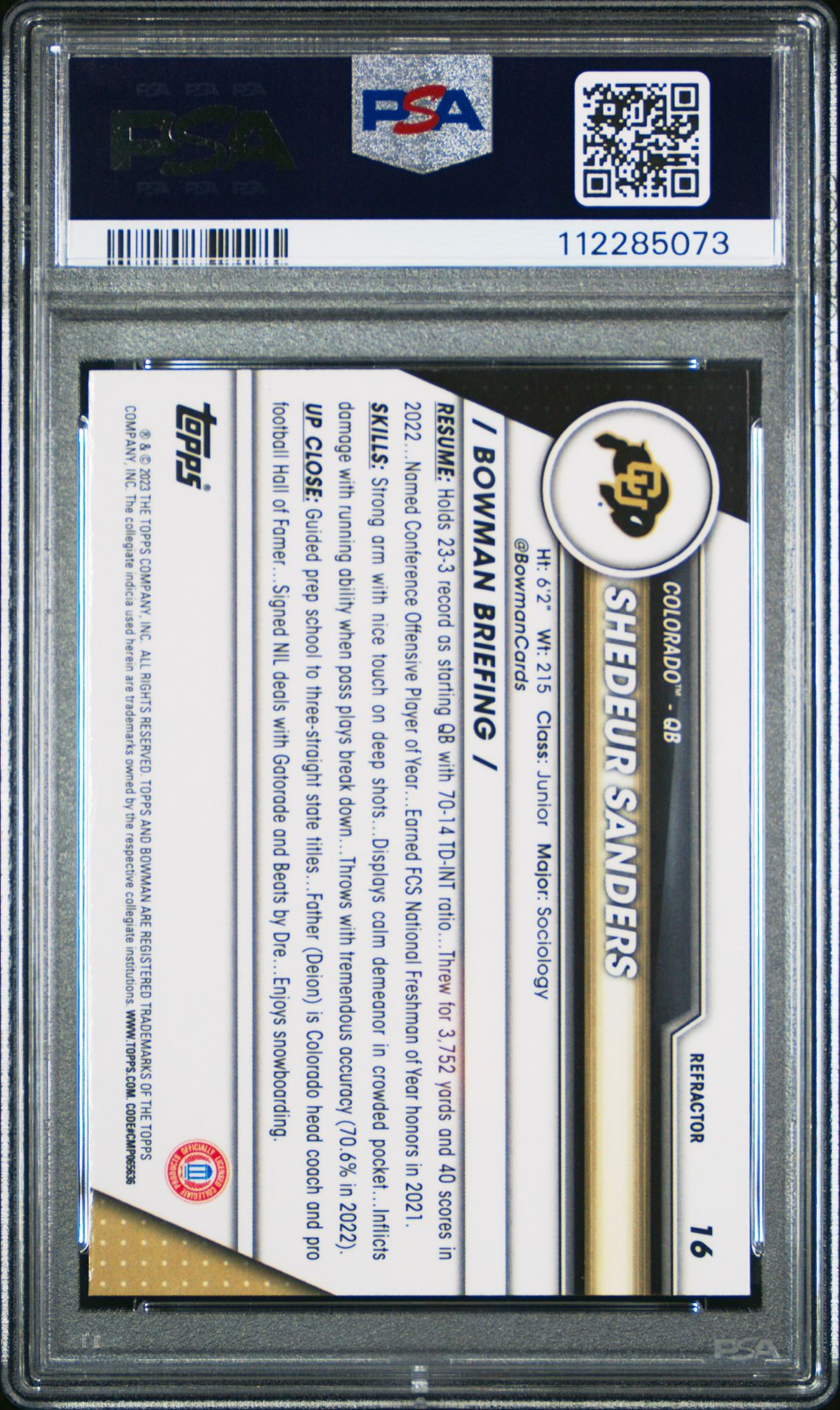 2023 Bowman University Chrome Shedeur Sanders #16 (Refractor) Gem Mt 10 back