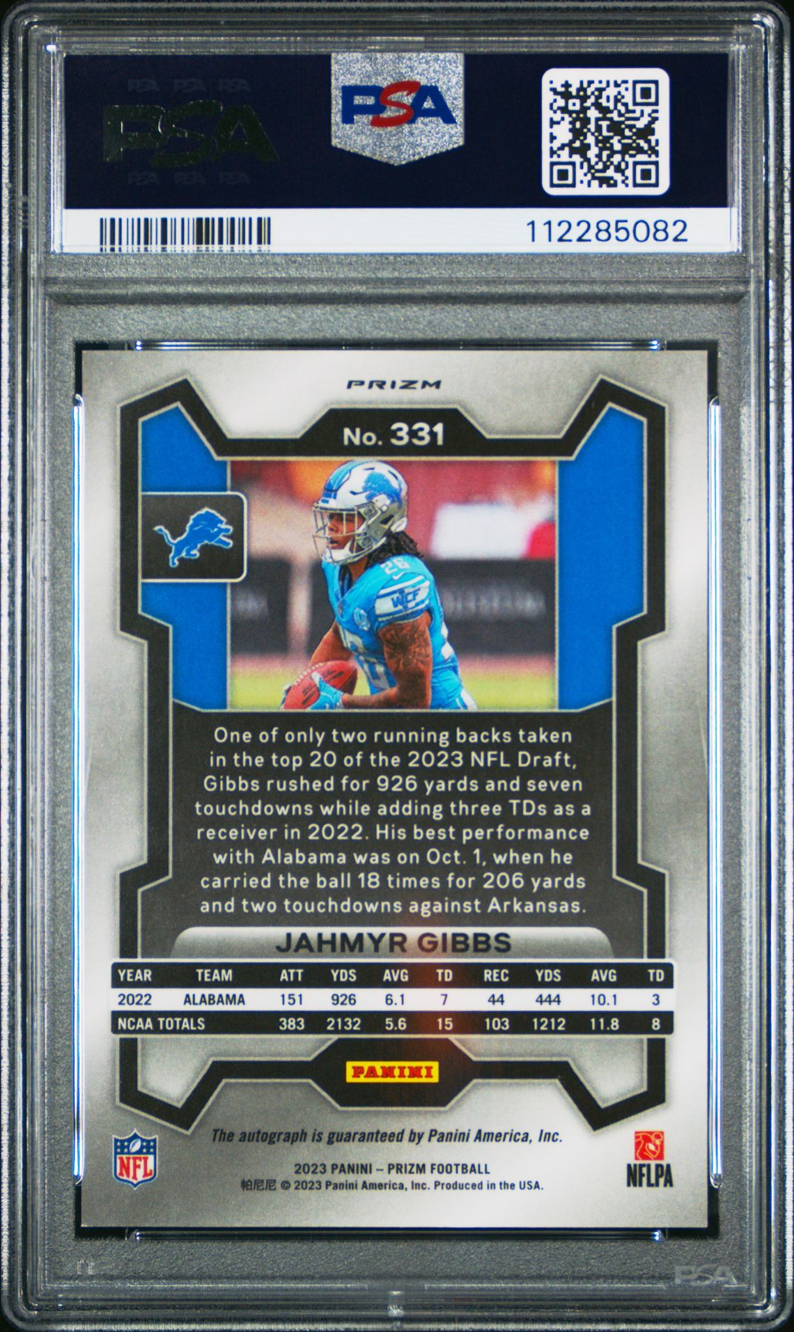 2023 Panini Prizm Jahmyr Gibbs #331 (Autograph) Gem Mt 10 back