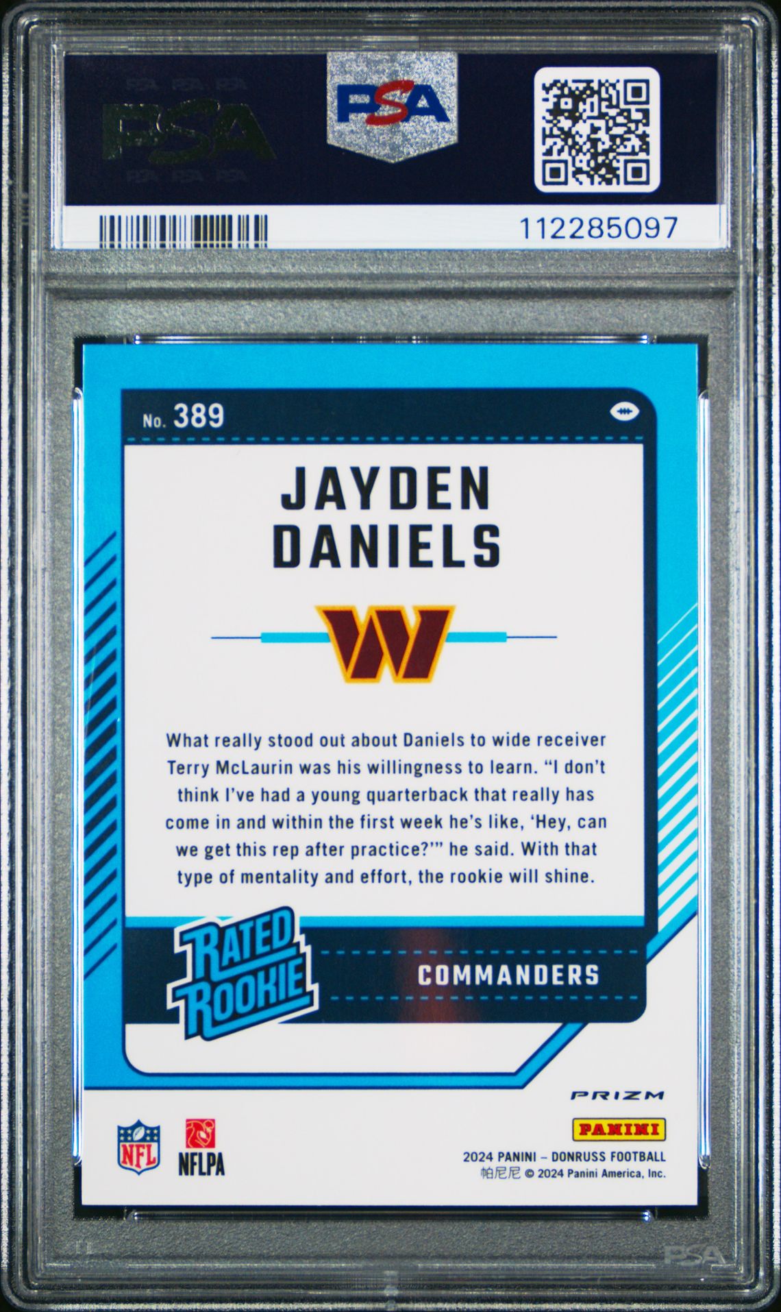 2024 Panini Donruss Jayden Daniels #389 (Optic Preview-Pink) Gem Mt 10 back