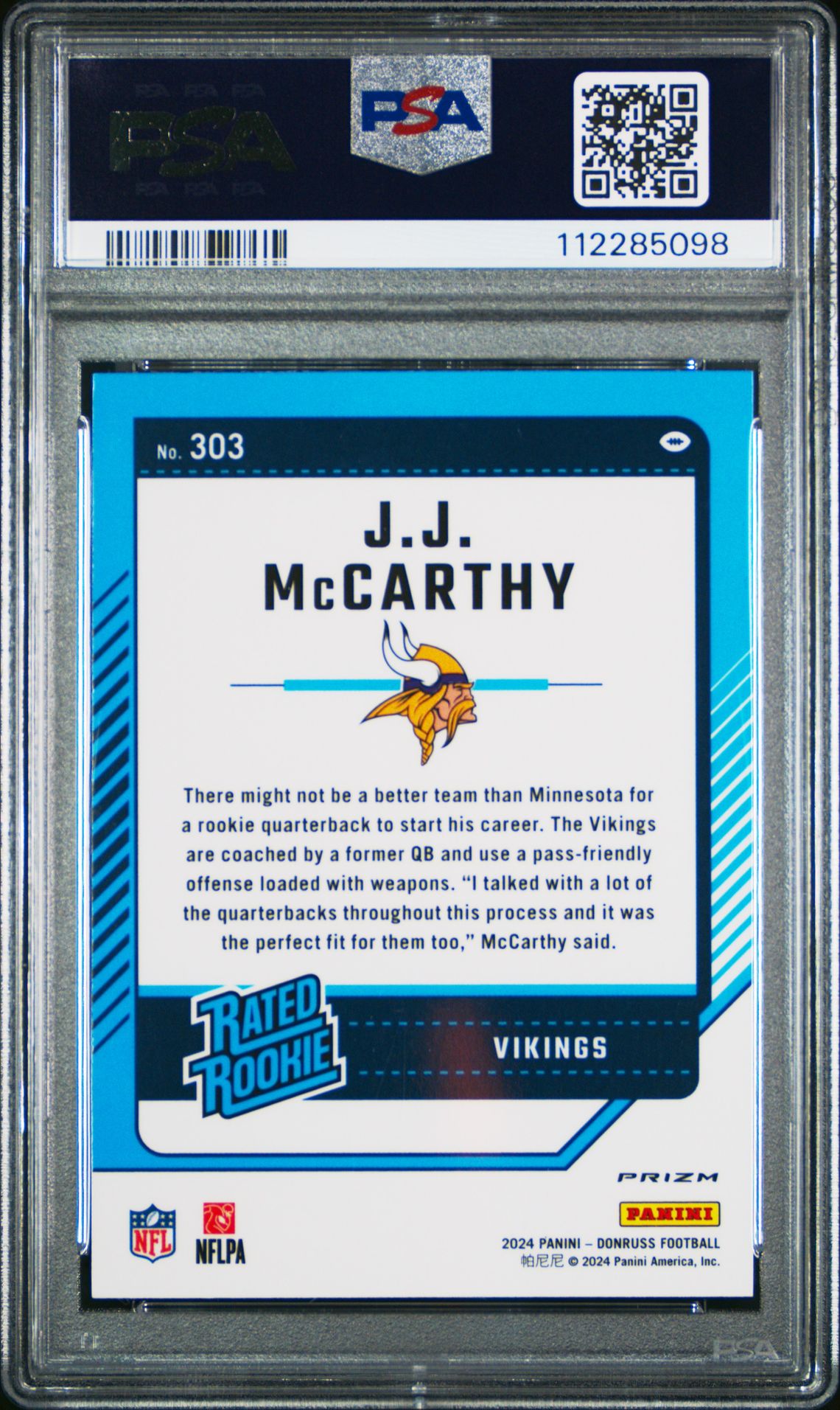 2024 Panini Donruss Jj Mccarthy #303 (Optic Preview-Red Wave) Gem Mt 10 back