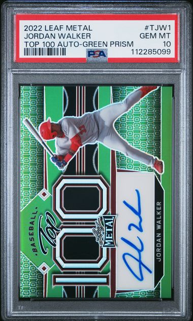 2022 Leaf Metal Top 100 Autographs Jordan Walker #Tjw1 (Top 100 Auto-Green Prism) Gem Mt 10 front