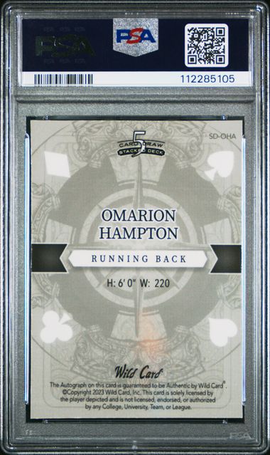 2023 Wild Card 5 Card Draw Stacked Deck Queen Autographs Omarion Hampton #Oha (Queen Au-H-Sprk-Purple) Mint 9 back