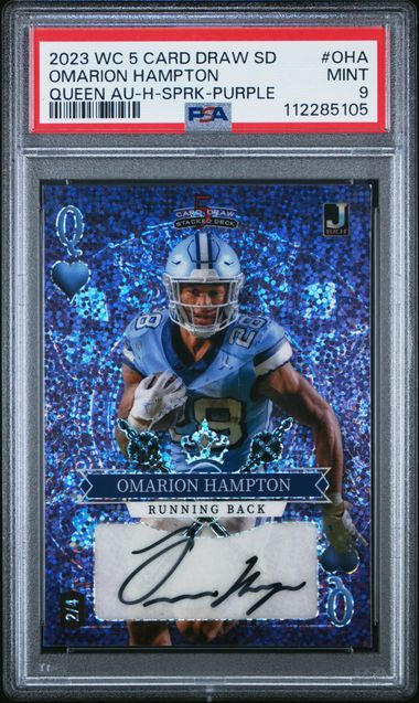 2023 Wild Card 5 Card Draw Stacked Deck Queen Autographs Omarion Hampton #Oha (Queen Au-H-Sprk-Purple) Mint 9 front